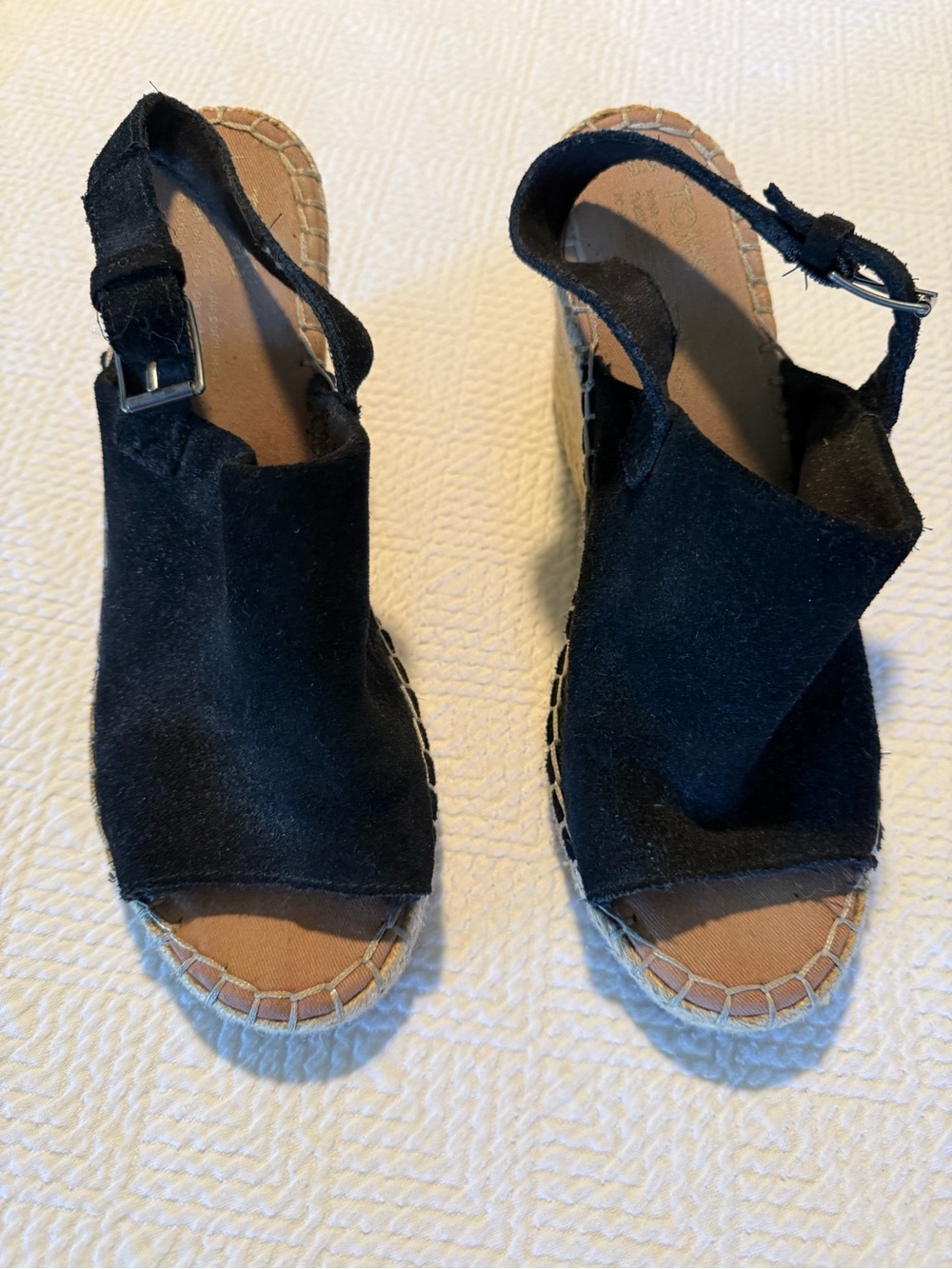 Toms Black Suede Open-Toe Wedge Sandals - Women